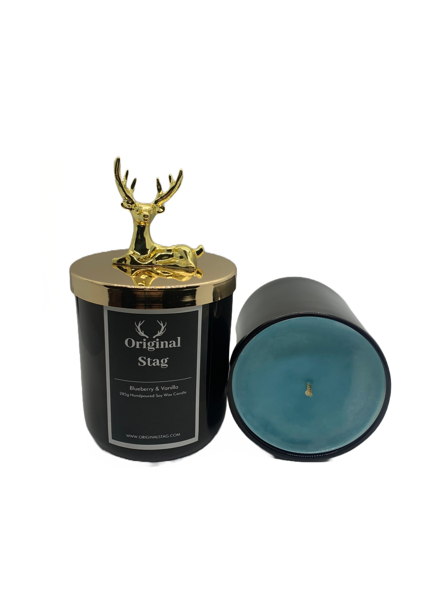 Blueberry and Vanilla Breeze scented candle in a glass jar with a light blue wax and a burning wick, emitting a sweet and fruity blueberry scent mixed with a creamy vanilla undertone