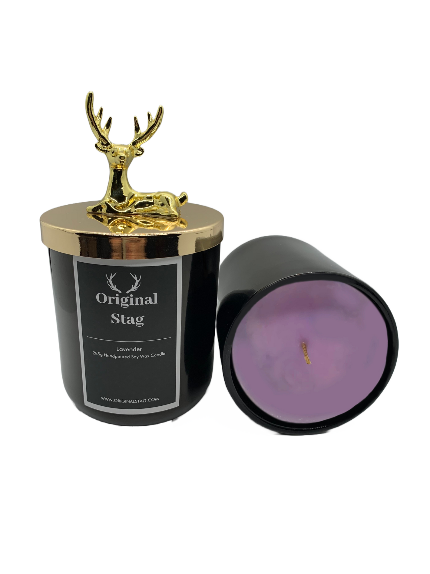 Lavender Breeze scented candle in a glass jar with a light purple wax and a burning wick, emitting a relaxing and soothing lavender aroma