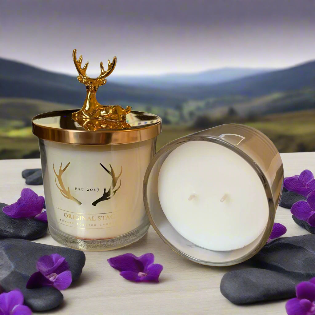 Midnight Orchid Home Stag Candle – 380g, double wick, with rich floral and musky notes. 40 hours burn time, ideal for creating a luxurious ambiance.