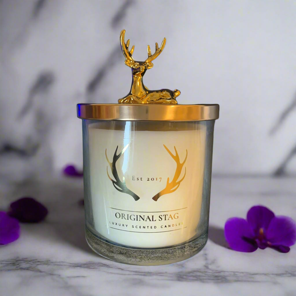 Midnight Orchid Home Stag Candle – 380g, double wick, with rich floral and musky notes. 40 hours burn time, ideal for creating a luxurious ambiance.