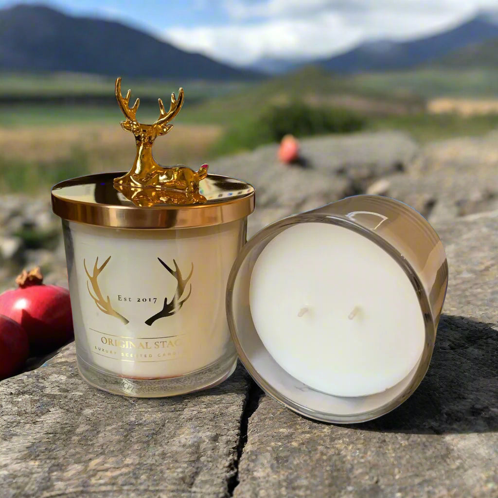 Pomegranate & Plum Home Stag Candle – 380g, double wick, with rich pomegranate and plum fragrance. 40 hours burn time, perfect for elegant home decor.