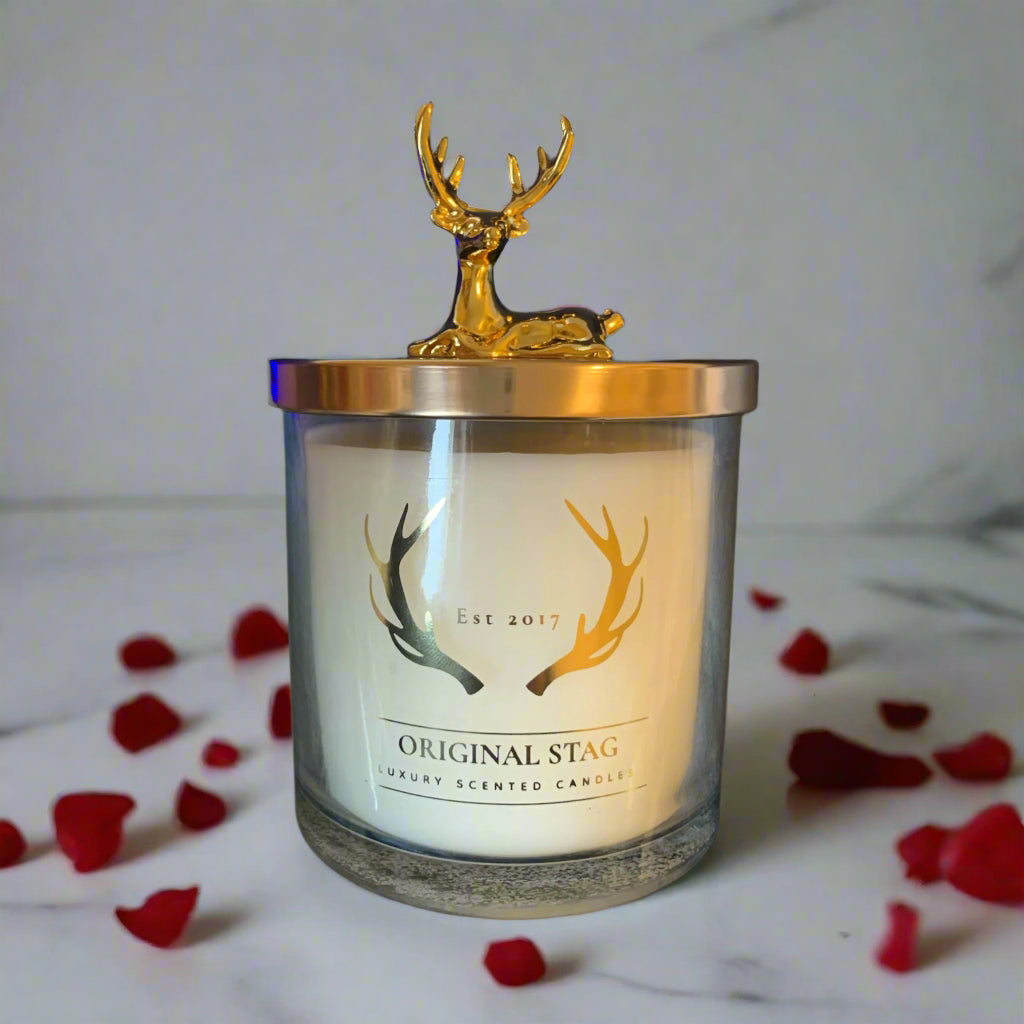 Pomegranate & Plum Home Stag Candle – 380g, double wick, with rich pomegranate and plum fragrance. 40 hours burn time, perfect for elegant home decor.