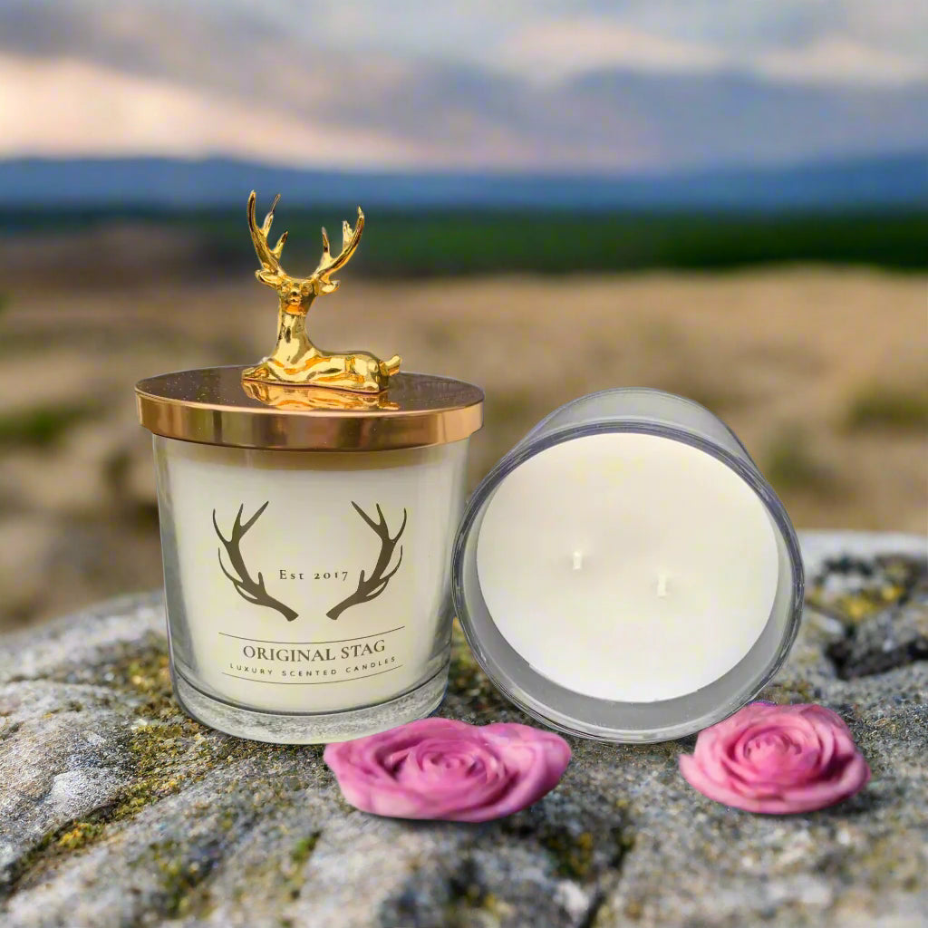 Rose and Oud Home Stag Candle – 380g, double wick, with luxurious rose and oud fragrance. 40 hours burn time, perfect for sophisticated home decor.