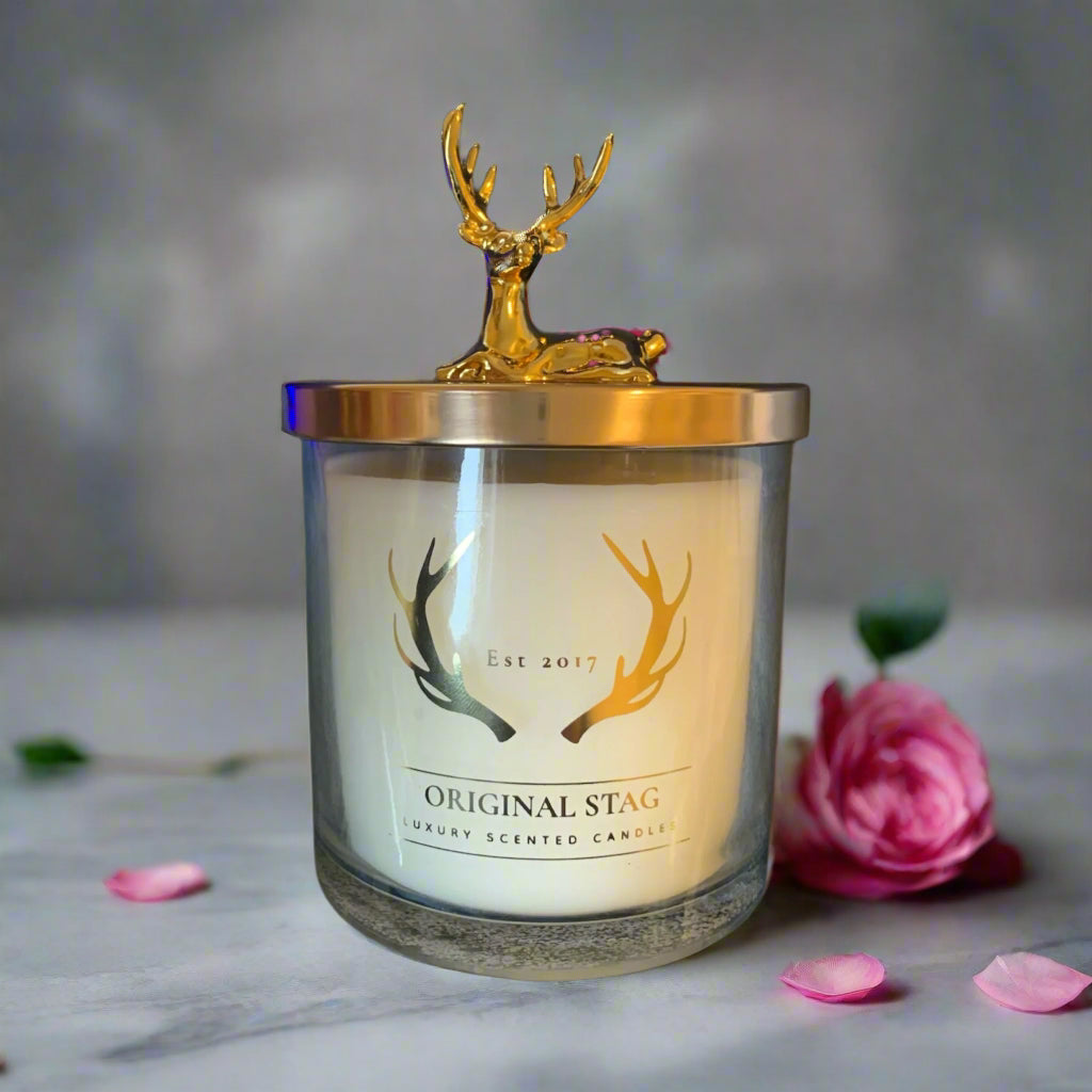 Rose and Oud Home Stag Candle – 380g, double wick, with luxurious rose and oud fragrance. 40 hours burn time, perfect for sophisticated home decor.