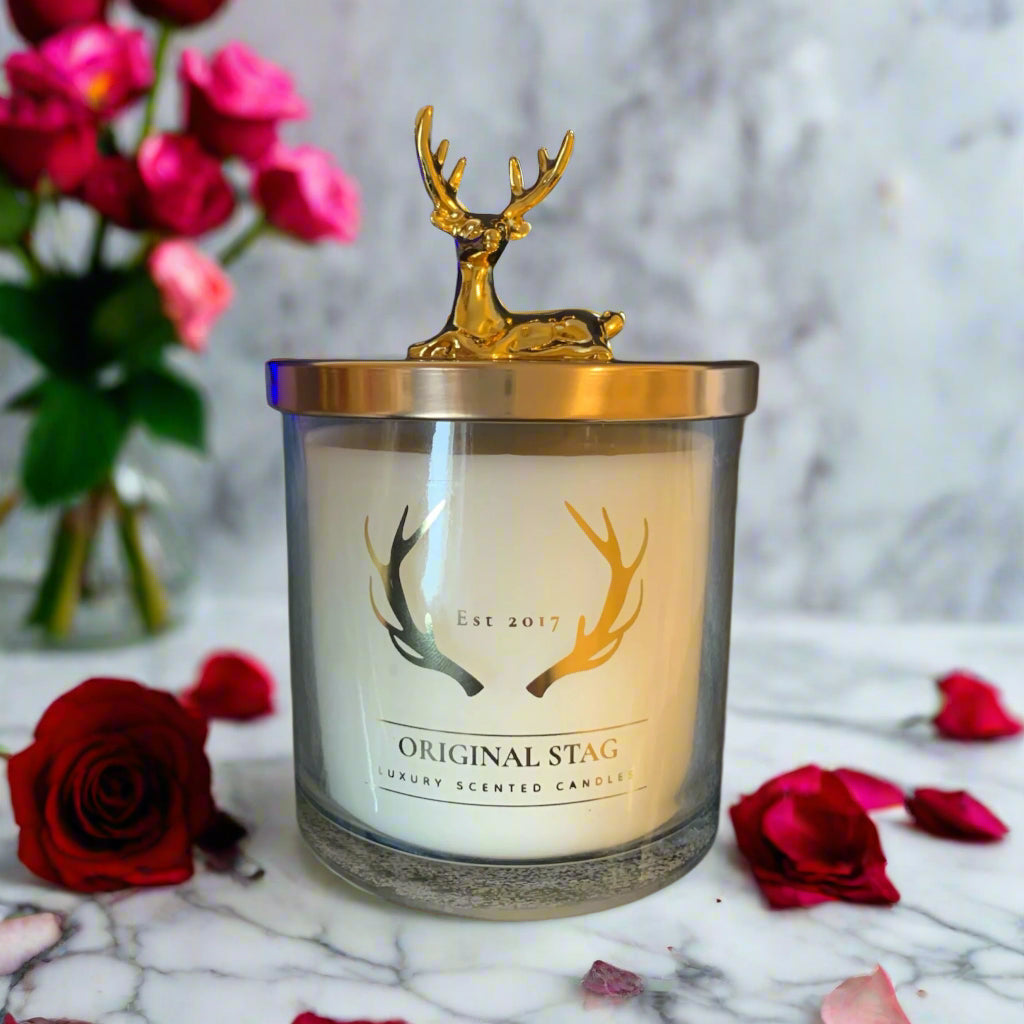 Rose and Oud Home Stag Candle – 380g, double wick, with luxurious rose and oud fragrance. 40 hours burn time, perfect for sophisticated home decor.