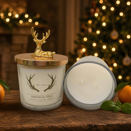 Lime Basil & Mandarin double wick scented candle with gold stag lid in a Christmas setting