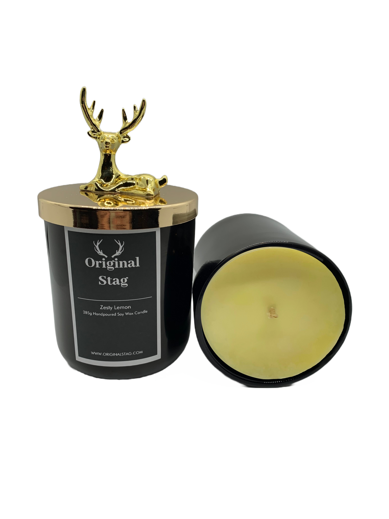 Zesty Lemon scented candle in a glass jar with a light yellow wax and a burning wick, emitting a fresh and tangy aroma